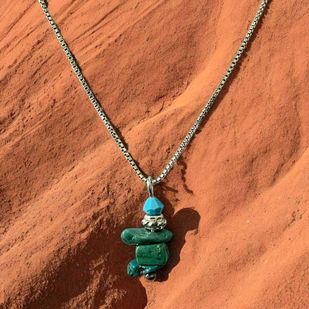 Vintage Sterling Silver Turquoise Stone Necklace Stacked Nuggets Italy Box Chain
